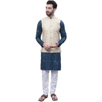 Sojanya (Since 1958 Men's Pure Cotton Teal Blue Kurta And White Pyjama With Beige Embroidery Nehru Jacket