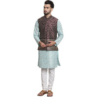Sojanya (Since 1958 Men's Silk Blend Print Sea Green Kurta And Cream Pyjama With Wine Nehrujacket