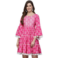Stylum Women's Printed & Embroidered Rayon Flared Dress (Drsava42_Pink, Xl)