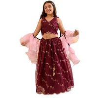 Pspeaches Girl's Cotton Blend Lehenga Choli (L-Wineorganza_Burgundy_15-16Y)