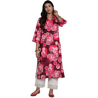 Varanga Womenred Floral Printed Sequine Embroidered V-Neck Straight Kurta