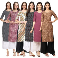 Pinkmint Women's Crepe Digital Print Straight Kurta [Pack Of 6] Multicolour