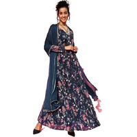 Varanga Women Navy Blue Floral Printed Gota Embellished Anarkali Kurta With Tonal Solid Chiffon Dupatta (Large)