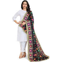 Weavers Villa Women's Chinnon Silk Aari Embroided Phulkari Dupatta, Chunni (Black), 2.25 Mtrs
