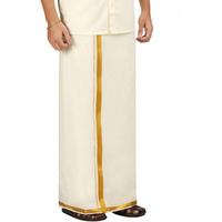 Prakasam Cotton Men's Gold Jari Border Cream Double Dhoti (1.28X3.80 Meter)