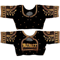 Pujia Mills Women's Golden Zari Embroidery Work With Heavy Maggam Work Multicolor Blouse(Ruby) (Black, 38)