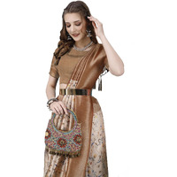 Pujia Mills Smooth Silk Saree For Women Indian Ethnic Wear Pure Silk Blend Zari Weaving Floral Digital Printed Smooth Silk Light Weight Brown Color Simple Saree Outfit