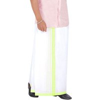Prakasam Cotton Men's Double White Dhoti With Dobby Design Border (1.30 X 4.00 Meter) (Fluorescent Green)