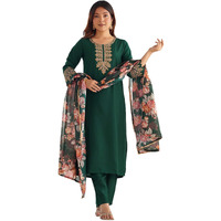 Sanisa Women's Chinnon Sequins Embroidery Straight Kurta With Pant And Dupatta Set (136Kbd1466N-S_Dark Green)