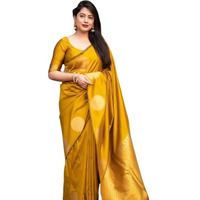 Flosive Women's Kanjivaram Pure Zari Woven Soft Silk Saree With Blouse Piece And Gold Zari Boder (Yellow)