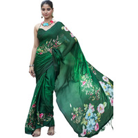 Satrani Women's Floral Printed Viscose Satin Saree With Unstitched Blouse Piece (3753S155N_Dark Green3)