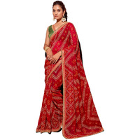 Satrani Women's Georgette Sequence Embroidery Lace Bandhani Printed Saree With Unstitched Blouse Piece (3666S246N_Red2)