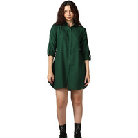 Greciilooks Western Dress For Women| Shirt Collar Solid A-Line Dress| Plus Roll Tab Sleeve Shirt Dress| Women's Comfort Summer Dress| Dress Perfect For Outing (Large, Dark Green)