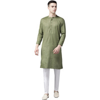 See Designs Men Green & Gold Stripe Printed Straight Kurta_Sdkt1130L