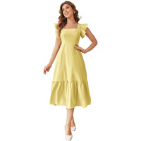 Shasmi Girl's & Women's Solid Yellow Color Square Neck, Ruffle-Trimmed Hem Sleeveless, Ruffle Armhole And Casual Dress With Cinched Waist Vacation Outfits Woman (Dress 162 Yellow-S)