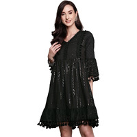 Ishin Women's Cotton Above Knee Length A-Line Indo Western Dress Inwdr0411_Bk_L_Black