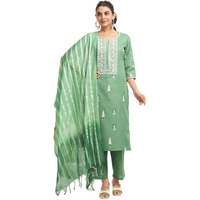 Sanisa Women's Cotton Blend Printed With Sequence And Embroidery Work Straight Kurta With Pant And Dupatta Set (198Kbd2102N-L_Pista Green)