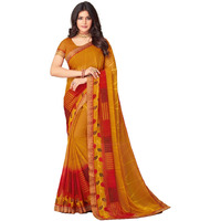 Satrani Women's Lace & Printed Chiffon Saree With Blouse(2206Sr942_Turmeric Yellow & Red)