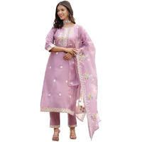 Stylum Women's Embroidered Silk Blend Straight Kurta Pant Dupatta Set (Kpdpurplepalki40_Purple, L)