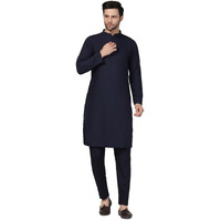 Kisah Men's Kurta Trouser Set, Navy Blue Cotton Blend, Solid Regular Fit Mandarin Collar Long Sleeves (38)