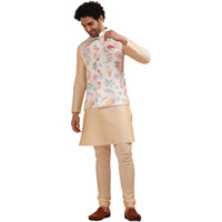 Kisah Men's Kurta Jacket Churidar Set, Multi Cotton Blend, Floral Long Sleeves Regular Fit Mandarin Collar (S)