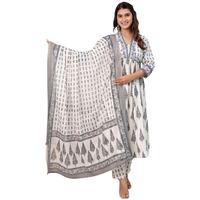 Leriya Fashion Womens Grey Floral Printed Anarkali Kurta Set With Pant & Dupatta