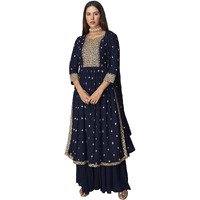 Xomantic Fashion Women's Ethnic Wear Nyra Cut Embroidery Kurti Plazzo And Dupatta (Medium, Navyblue)