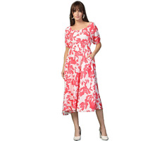Oomph! Flared Dress For Women Stylish | Long One Piece For Women | Puff Sleeve Long Dress | Floral Print Maxi One Piece | Western & Fusion Wear