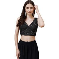 Womanista Women's Dupion Embroidered Sleeveless Regular Fit Blouse (Bl_11A_Black S) - Synthetic