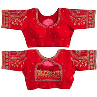 Pujia Mills Women's Golden Zari Embroidery Work With Heavy Maggam Work Red Blouse(Ruby Red_38)