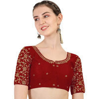Pujia Mills Women's Phantom Silk Flowerhalf Sleeve Saree Blouse (Flowerr Blouse_Maroon_38 Size+Margin)