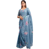 Satrani Women's Kota Doriya Floral Printed Scalloped Border Pre Pleated Ready To Wear One Minute Saree With Unstitched Blouse Piece (25Rs224N_Dusty Blue & Multi)