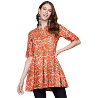 Anubhutee Women's Rayon Peach Ethnic Motifs Printed Straight Kurti
