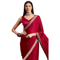Cb-Colebrook Women's Soft Satin Saree With Embroidered Sequin Border With Blouse Piece, Traditional Indian Ethnic Wear, Party, Wedding Sarees For Womens (Pink)