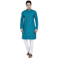 Divisive Men's Sequince Embroidered Cotton Blend Slim Fit Kurta Pyjama Set (Dkrt27_L_Turquoise)