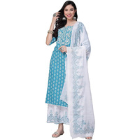 Stylum Women's Printed & Embroiderd Rayon Straight Kurta Palazzo Dupatta Set (Kpdturqrangoon36_Turquoise, S)