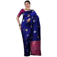 Flosive Women's Latest Mix Color Kanjivaram Silk Saree With Blouse (Blue)