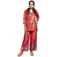 Greciilooks Womens Rayon Printed Casual Regular Fit Co-Ord Set (Red, X-Large)
