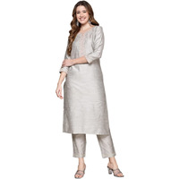 Anubhutee Women's Cotton Grey Ethnic Motifs Zari Work Embroidered Straight Kurta Suit Set With Trousers