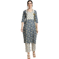 Anubhutee Women's Cotton Blue Floral Printed Straight Kurta Suit Set With Pants