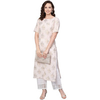 Idalia Women's Ivory Cream Gold Printed Cotton Kurta Set With White Schiffli Palazzo Pant