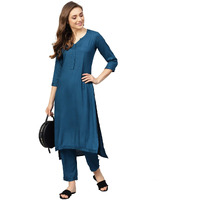 Idalia Rayon Solid Straight Kurta With Pant Set - Women Kurta Set For Wedding, Formal Occasions - 3/4 Sleeve, Calf Length, Round V Neck, Fusion Wear Navy Blue