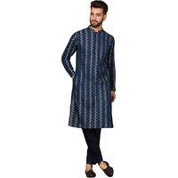 Kisah Men's Kurta, Navy Blue Cotton Blend, Embellished Regular Fit Mandarin Collar Long Sleeves (S)