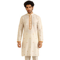 Kisah Men's Kurta, Off White Cotton Blend, Embroidered Mandarin Collar Regular Fit Long Sleeves (42)