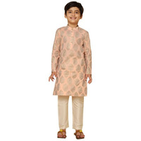 Kisah Kid's Full Sleeves Cotton Blend Knee Length Foil Print Kurta Pajama Set For Boys, Peach, 5-6 Years
