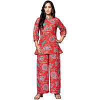 Leriya Fashion Women Ethnic Kurta Set | Rayon Co-Ord Set | Fancy Pajama Set | Pack Of 2 | Floral Printed Top & Pant Set | Full Pair Set | A-Line Kurta Set For Women (Small, Red) Lf-K-W1862&Tr913