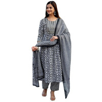Pinkmint Women Cotton Blend Anarkali Printed Kurta With Pant & Dupatta Set Grey