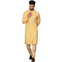 Kisah Cotton Blend Yellow Kurta For Men, Full Sleaves, Knee Length, Straight, Regular Fit, Mandarin Collar, Geometric Embroidered Mirror Work Ethnic Casual