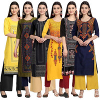 Pinkmint Elegant Printed Crepe Kurti's For Women's Ll Fashionable Kurti Combo Set Ll Stright Round Neck Kurti (Pack Of 6)