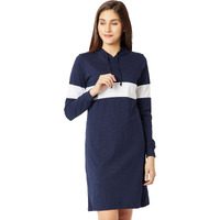 Miss Chase Women's Cotton A-Line Hooded T-Shirt Dress(Mcaw17D09-89-154-03,Navy Blue And White,Small)